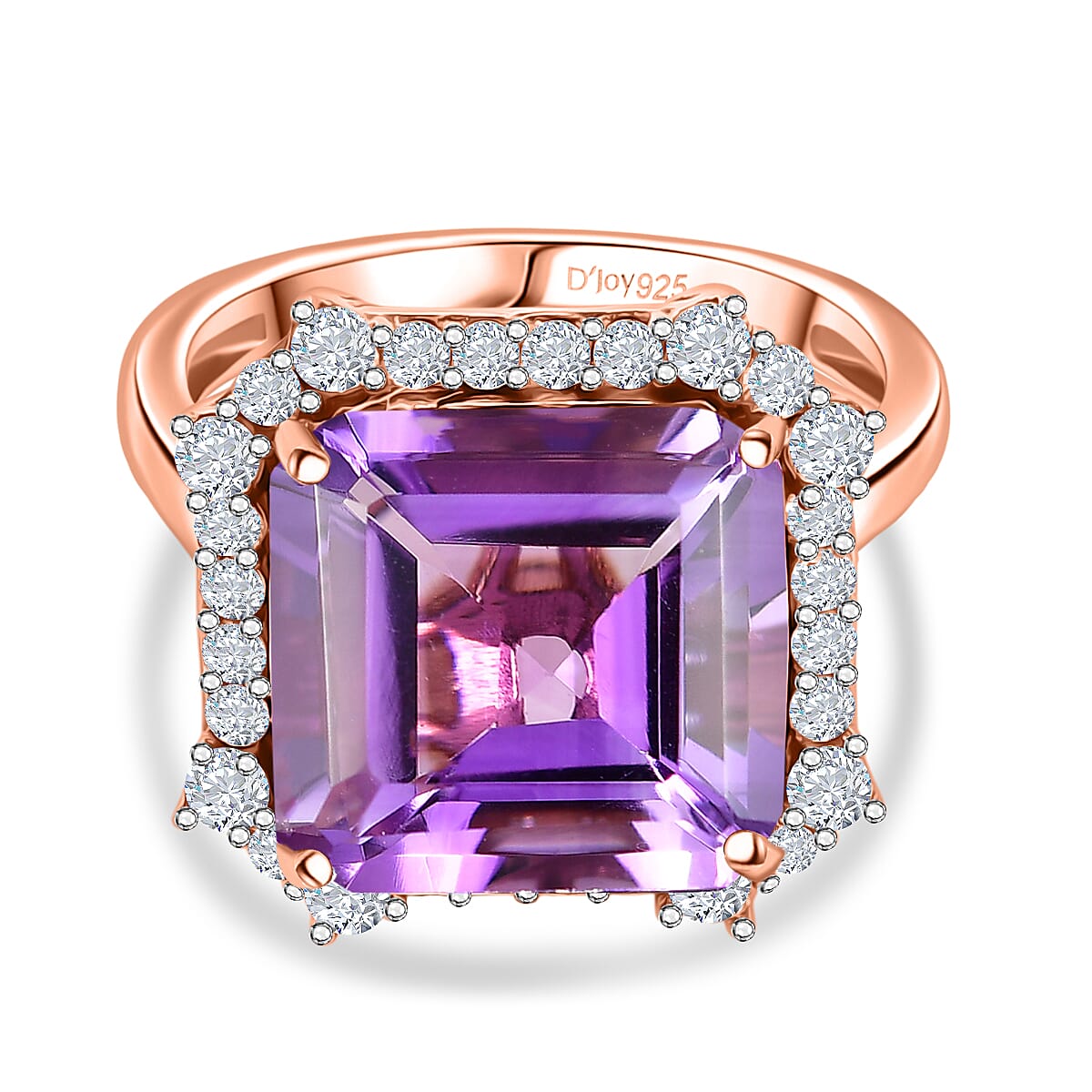 D'Joy Rose De France Amethyst & White Zircon Emerald-Cut Halo Ring in Rose Gold Plated Sterling Silver 8.87 Ct.