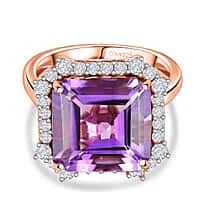 D'Joy Rose De France Amethyst & White Zircon Emerald-Cut Halo Ring in Rose Gold Plated Sterling Silver 8.87 Ct.