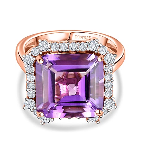 D'Joy Rose De France Amethyst & White Zircon Emerald-Cut Halo Ring in Rose Gold Plated Sterling Silver 8.87 Ct.