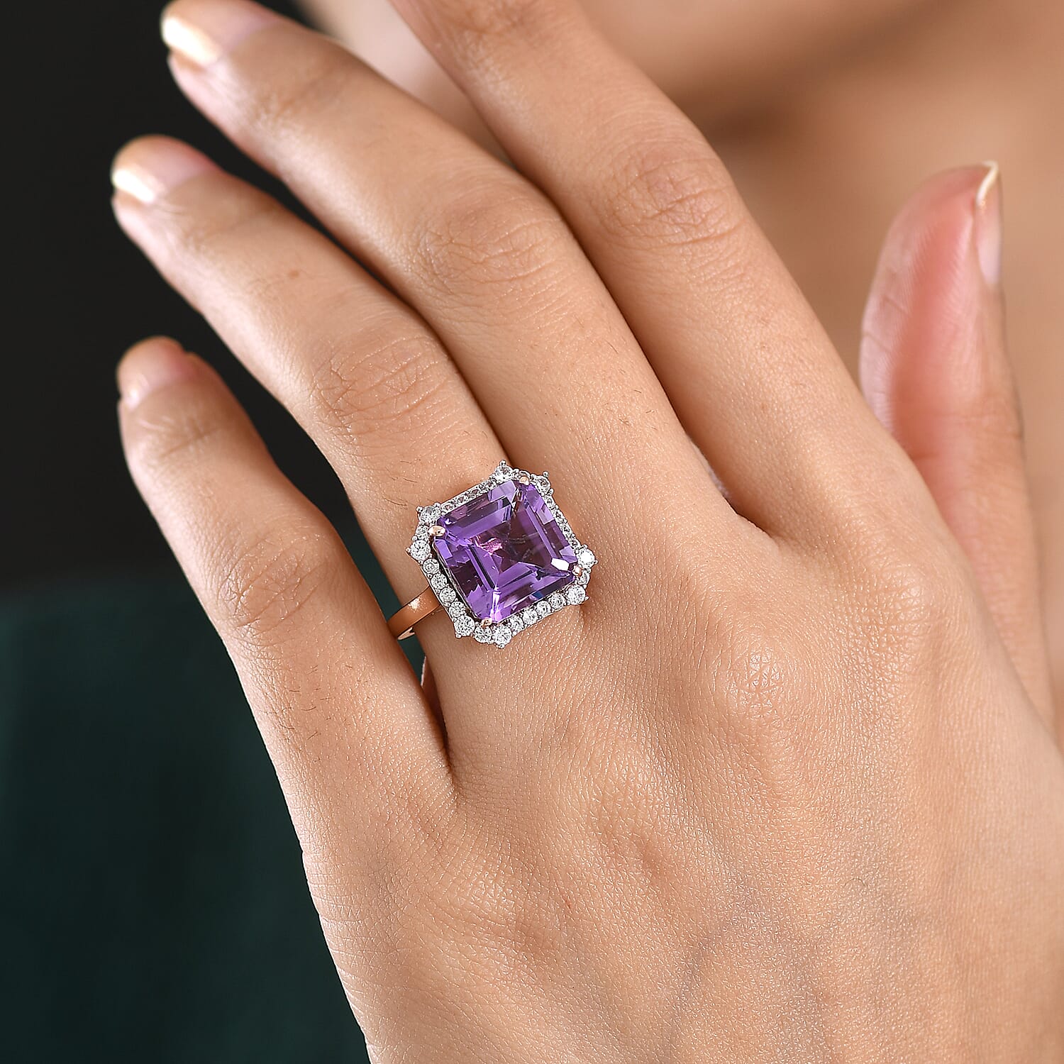 D'Joy Rose De France Amethyst & White Zircon Emerald-Cut Halo Ring in Rose Gold Plated Sterling Silver 8.87 Ct.