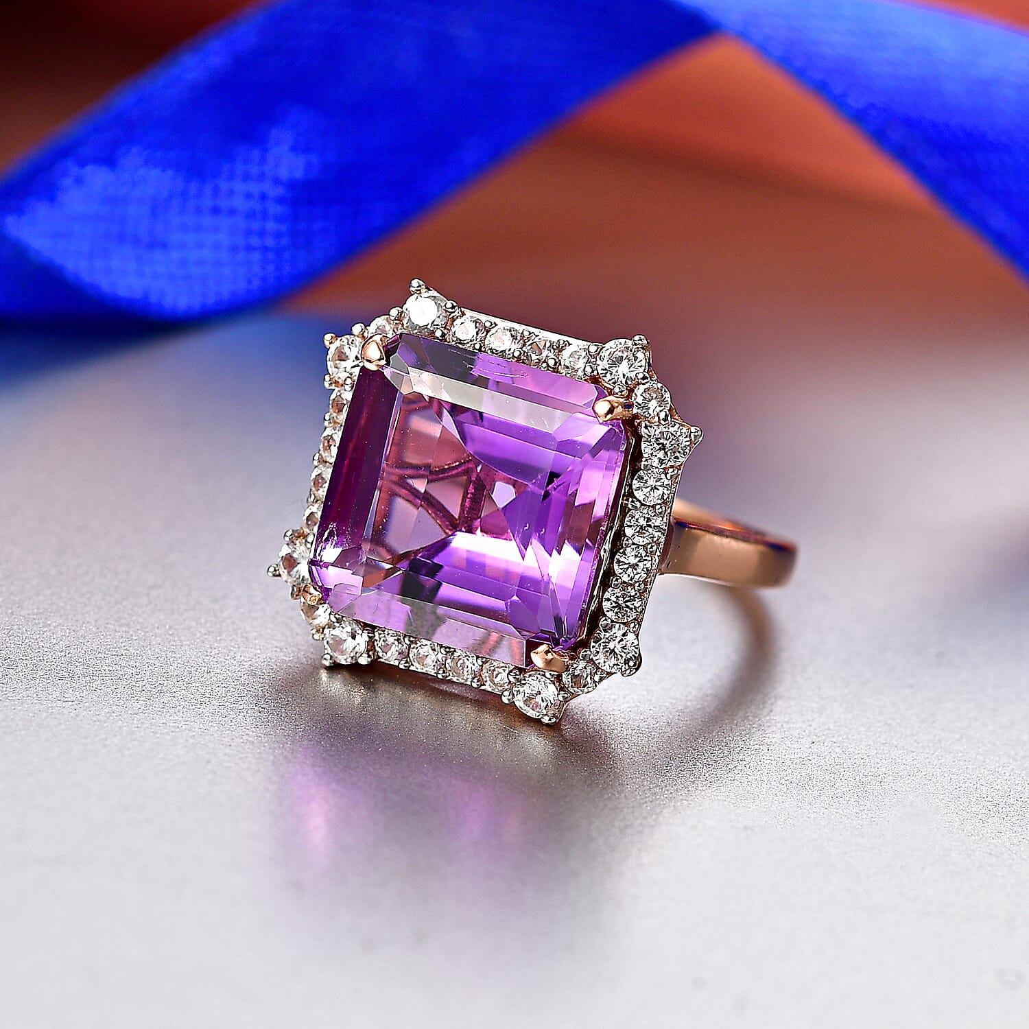 D'Joy Rose De France Amethyst & White Zircon Emerald-Cut Halo Ring in Rose Gold Plated Sterling Silver 8.87 Ct.