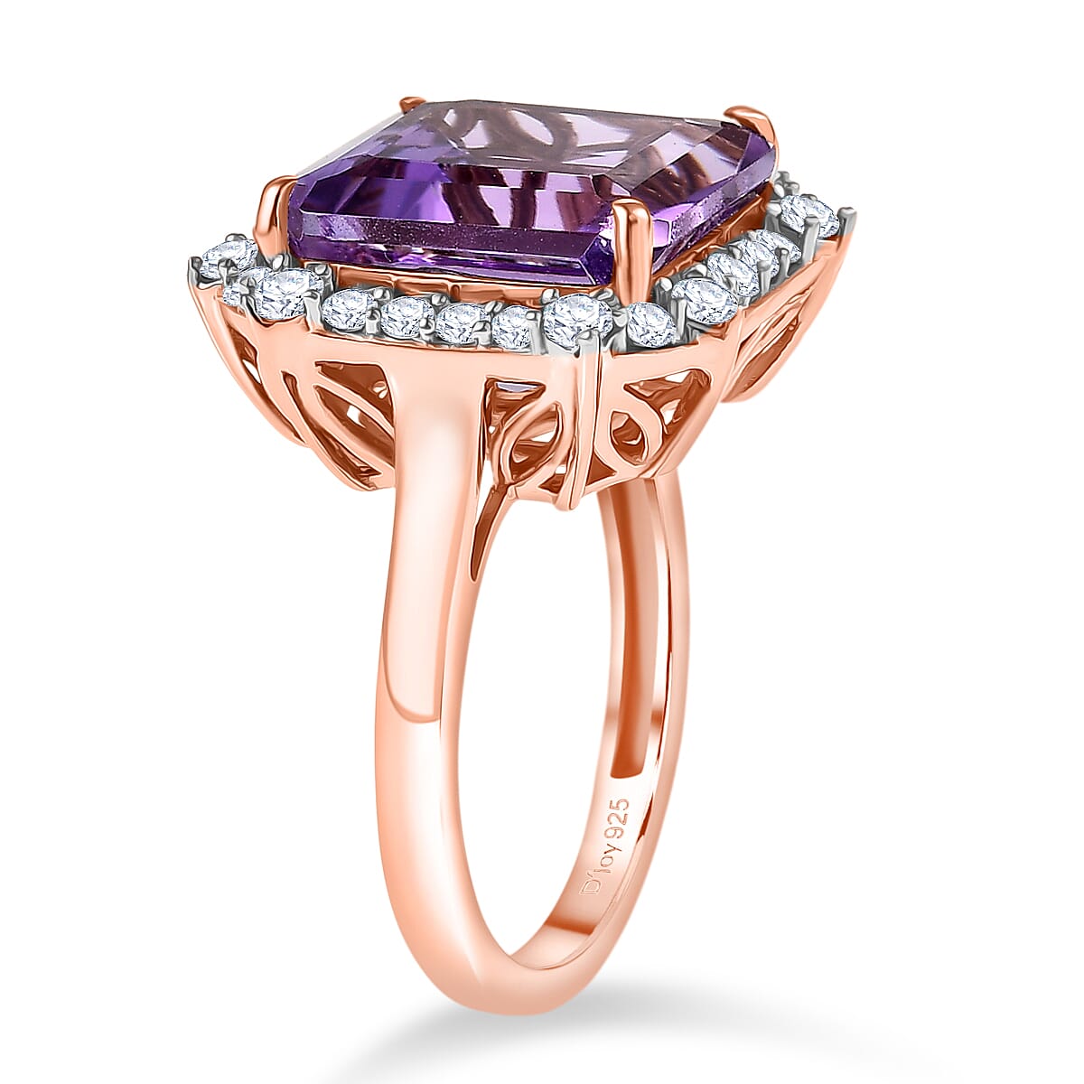 D'Joy Rose De France Amethyst & White Zircon Emerald-Cut Halo Ring in Rose Gold Plated Sterling Silver 8.87 Ct.