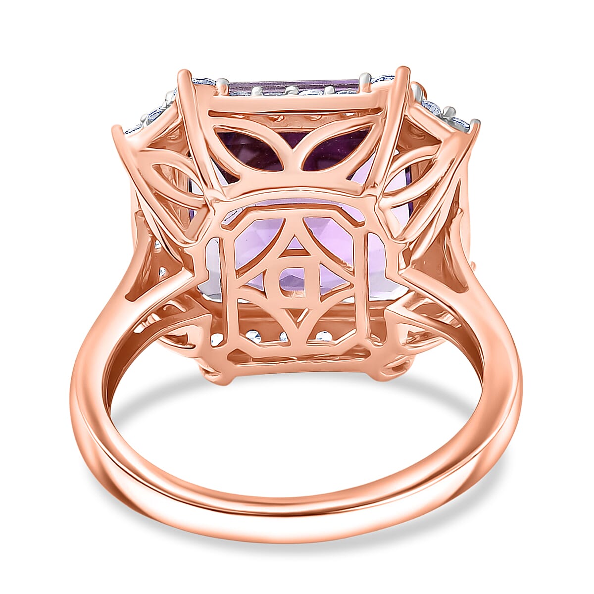 D'Joy Rose De France Amethyst & White Zircon Emerald-Cut Halo Ring in Rose Gold Plated Sterling Silver 8.87 Ct.