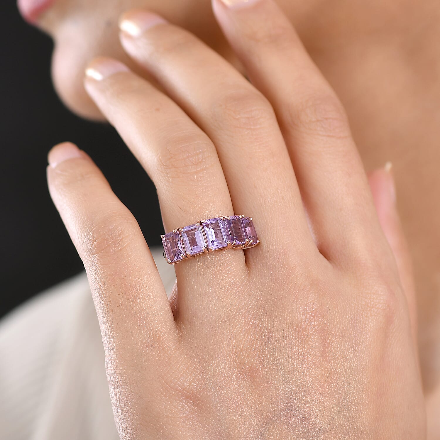 D'Joy AAA Rose De France Amethyst 5 Stone Ring in Rose Gold Plated Sterling Silver 4.63 Ct.