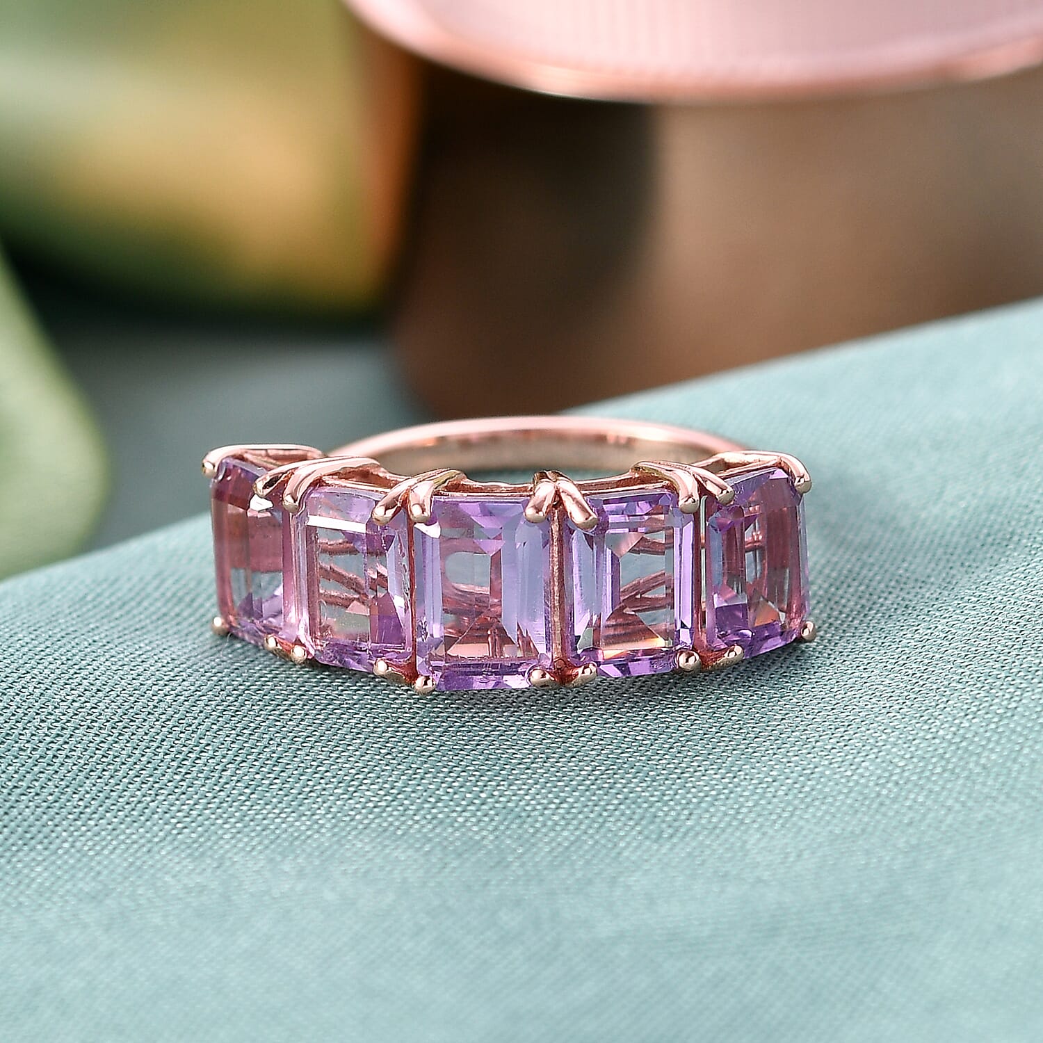 D'Joy AAA Rose De France Amethyst 5 Stone Ring in Rose Gold Plated Sterling Silver 4.63 Ct.