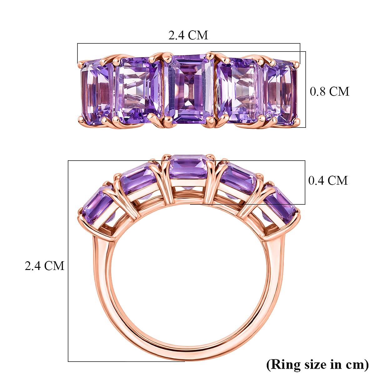 D'Joy AAA Rose De France Amethyst 5 Stone Ring in Rose Gold Plated Sterling Silver 4.63 Ct.