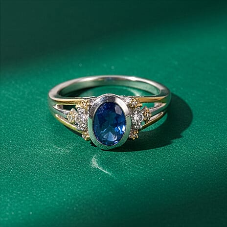GP Natural Kashmir Kyanite, White Zircon & Kanchanaburi Blue Sapphire Ring in Rhodium Overlay Sterling Silver 1.80 Ct.