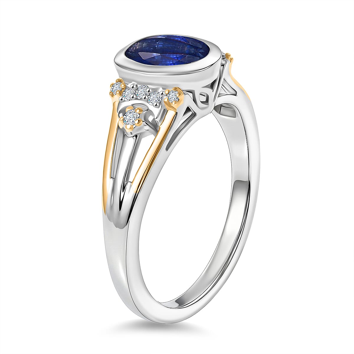 GP Kyanite, White Zircon, Kanchanaburi Blue Sapphire Fancy Ring in Rhodium OverlaySterling Silver  1.804  Ct.