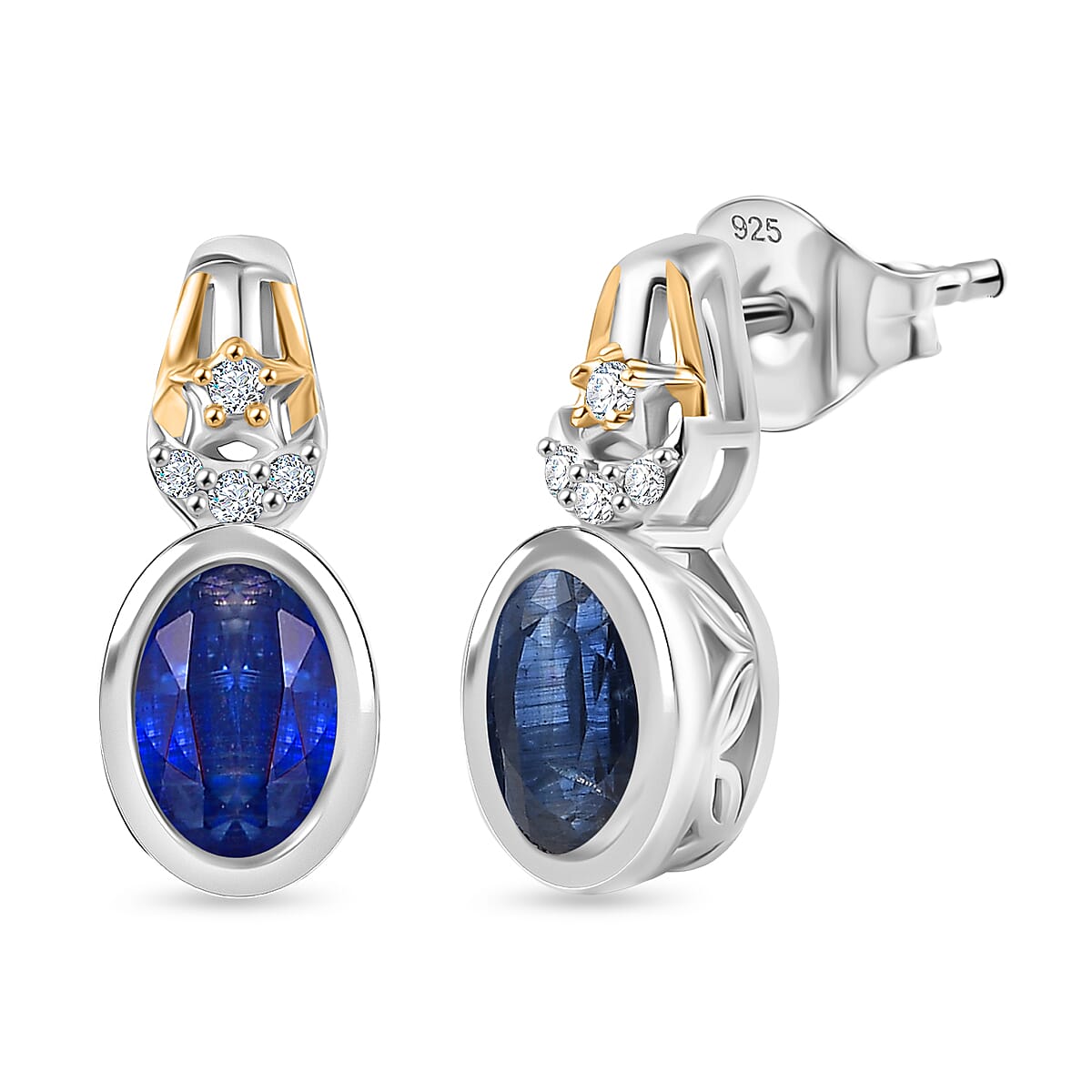 GP Natural Kashmir Kyanite, White Zircon & Kanchanaburi Blue Sapphire Stud Push Back Earring in Rhodium & Yellow Gold Plated Sterling Silver 2.26 Ct.