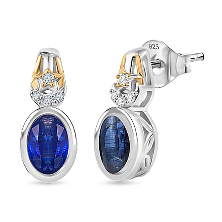 GP Natural Kashmir Kyanite, White Zircon & Kanchanaburi Blue Sapphire Stud Push Back Earring in Rhodium & Yellow Gold Plated Sterling Silver 2.26 Ct. GP Natural Kashmir Kyanite, White Zircon & Kanchanaburi Blue Sapphire Stud Push Back Earring in Rhodium & Yellow Gold Plated Sterling Silver 2.26 Ct.