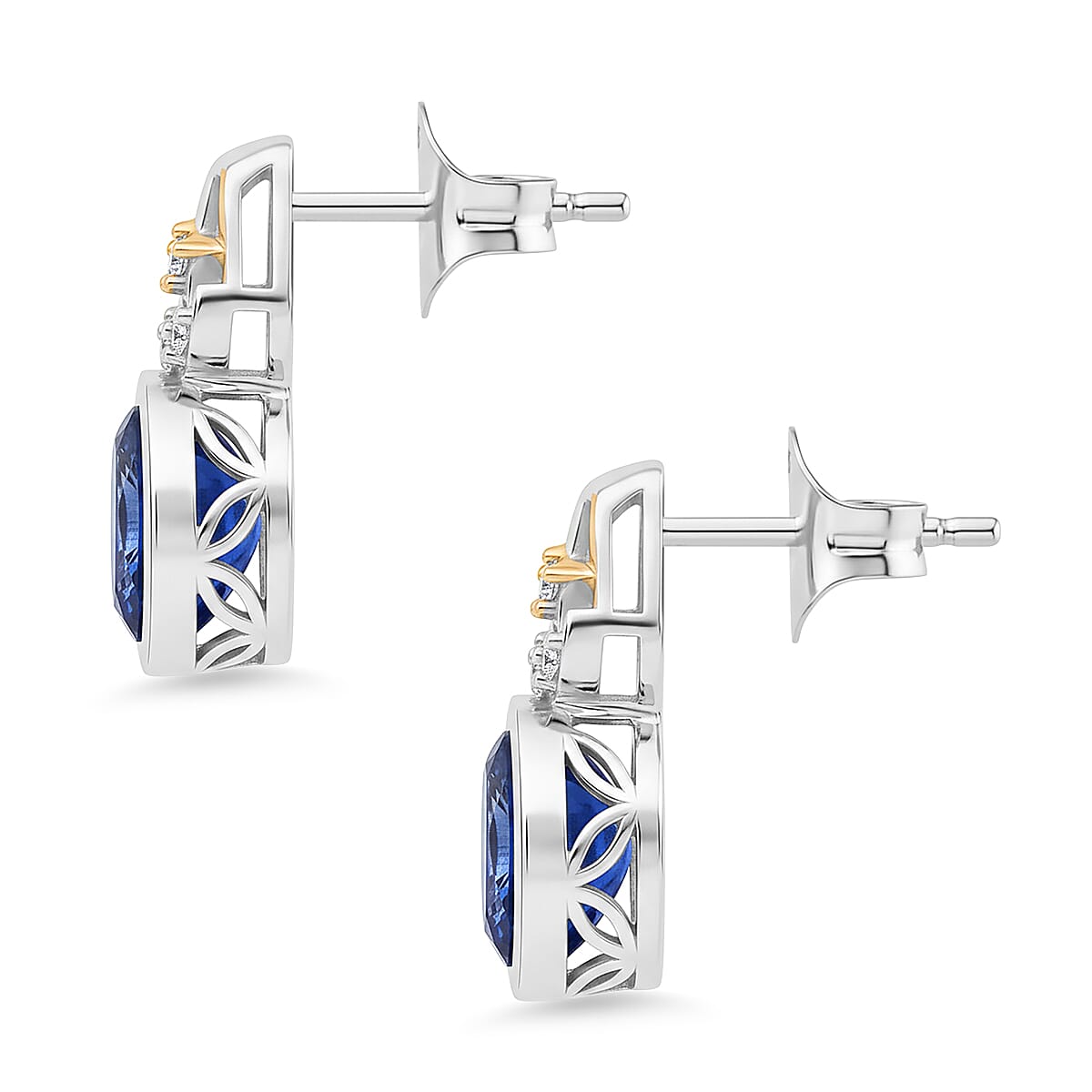 GP Natural Kashmir Kyanite, White Zircon & Kanchanaburi Blue Sapphire Stud Push Back Earring in Rhodium & Yellow Gold Plated Sterling Silver 2.26 Ct.