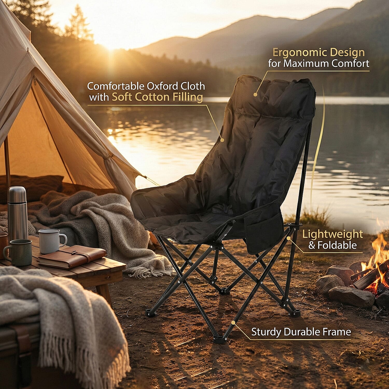 Heavy Duty Padded Foldable Oxford Cloth Camping Chair (90x46x46cm) - Black