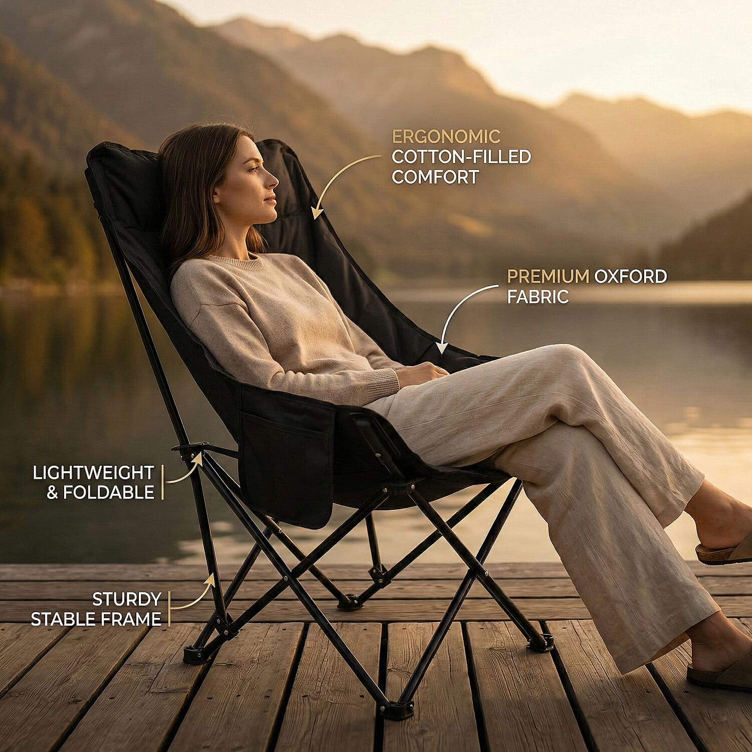 Heavy Duty Padded Foldable Oxford Cloth Camping Chair (90x46x46cm) - Black