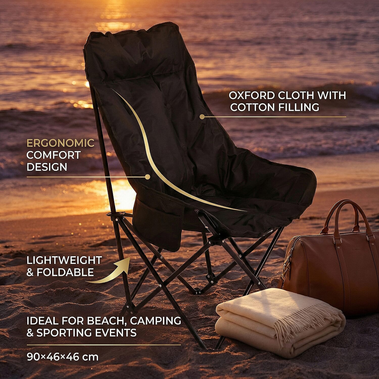 Heavy Duty Padded Foldable Oxford Cloth Camping Chair (90x46x46cm) - Black
