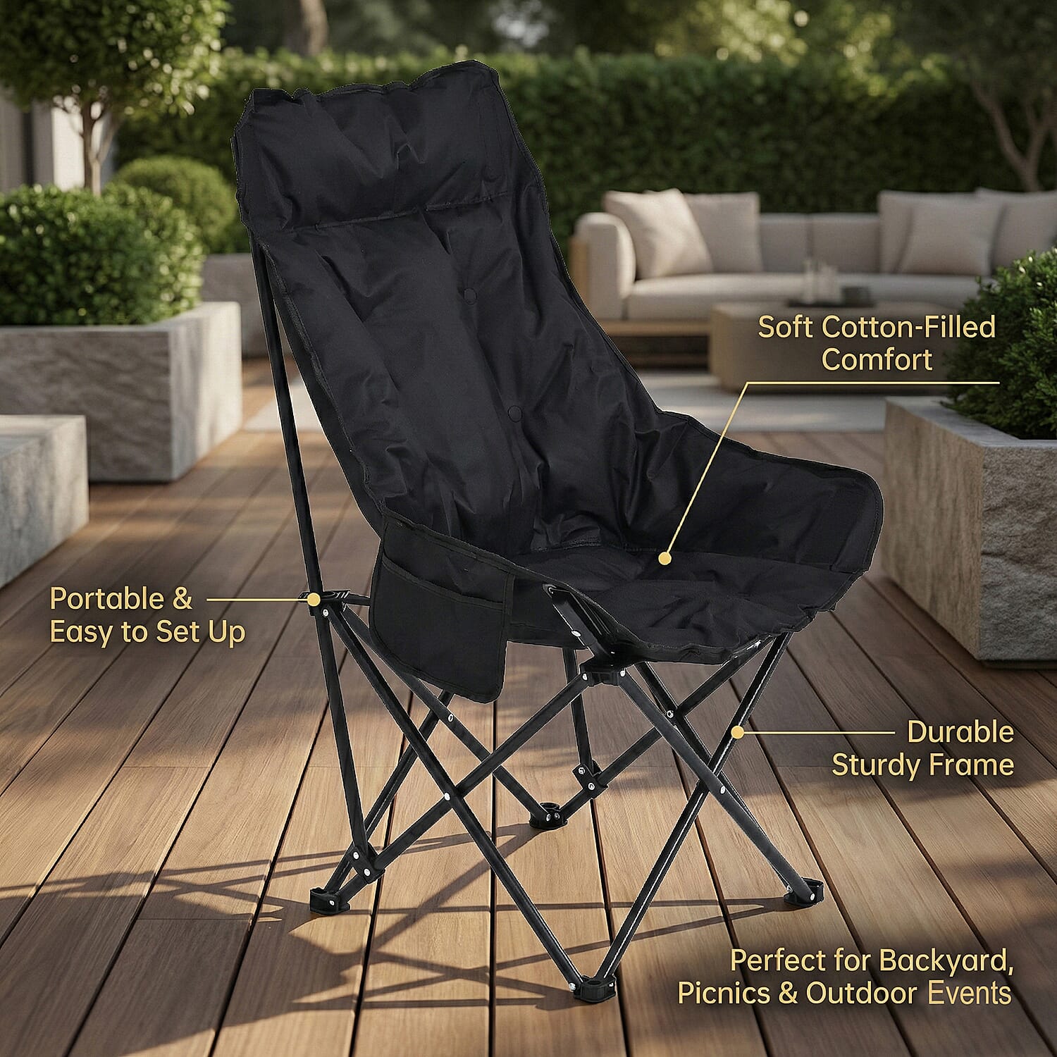 Heavy Duty Padded Foldable Oxford Cloth Camping Chair (90x46x46cm) - Black