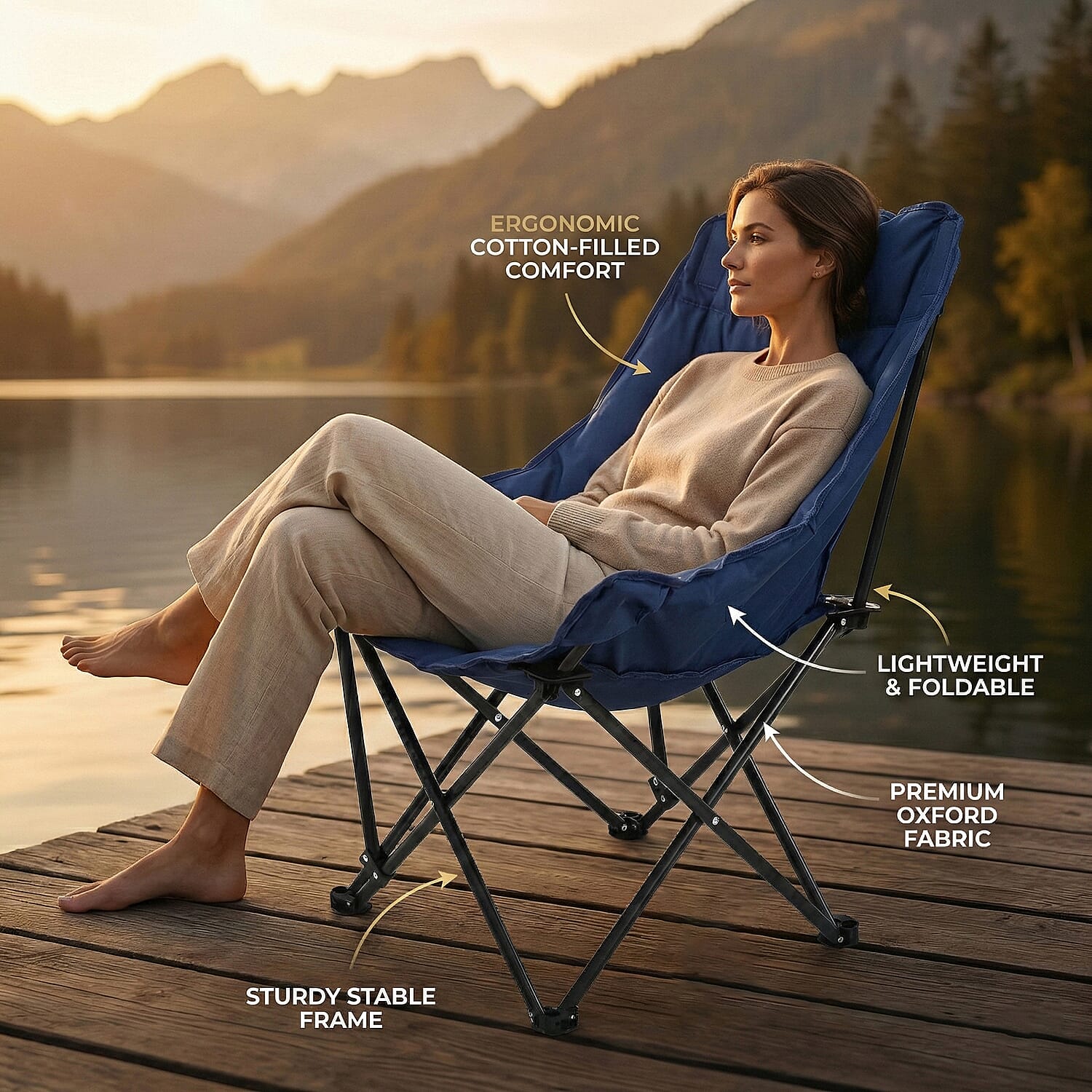 Heavy Duty Padded Foldable Oxford Cloth Camping Chair (90x46x46cm) - Blue