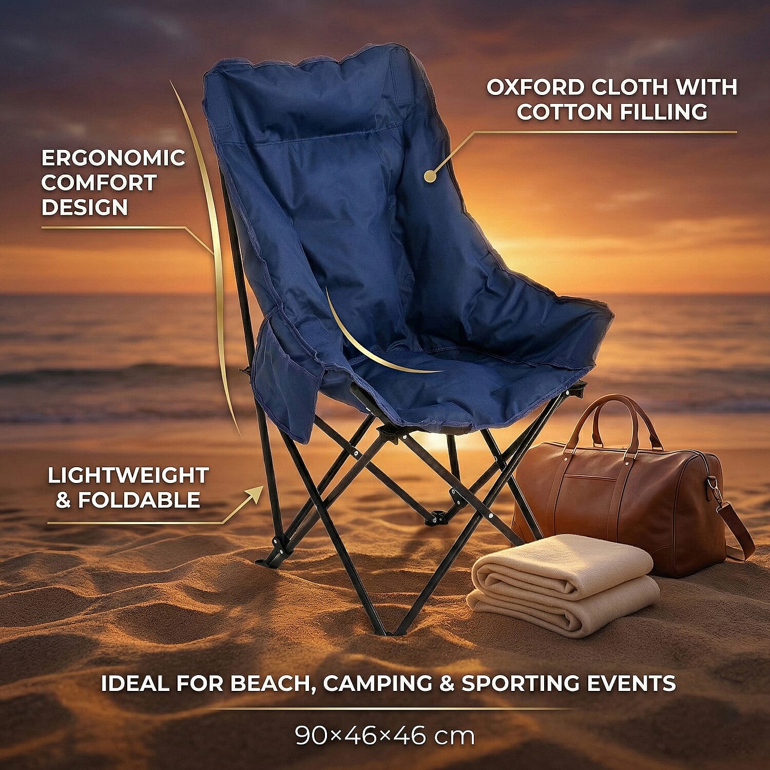 Heavy Duty Padded Foldable Oxford Cloth Camping Chair (90x46x46cm) - Blue