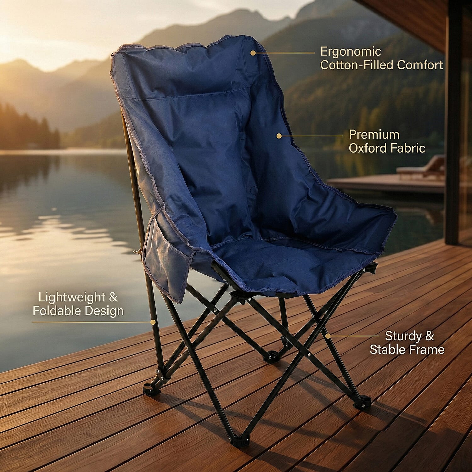 Heavy Duty Padded Foldable Oxford Cloth Camping Chair (90x46x46cm) - Blue
