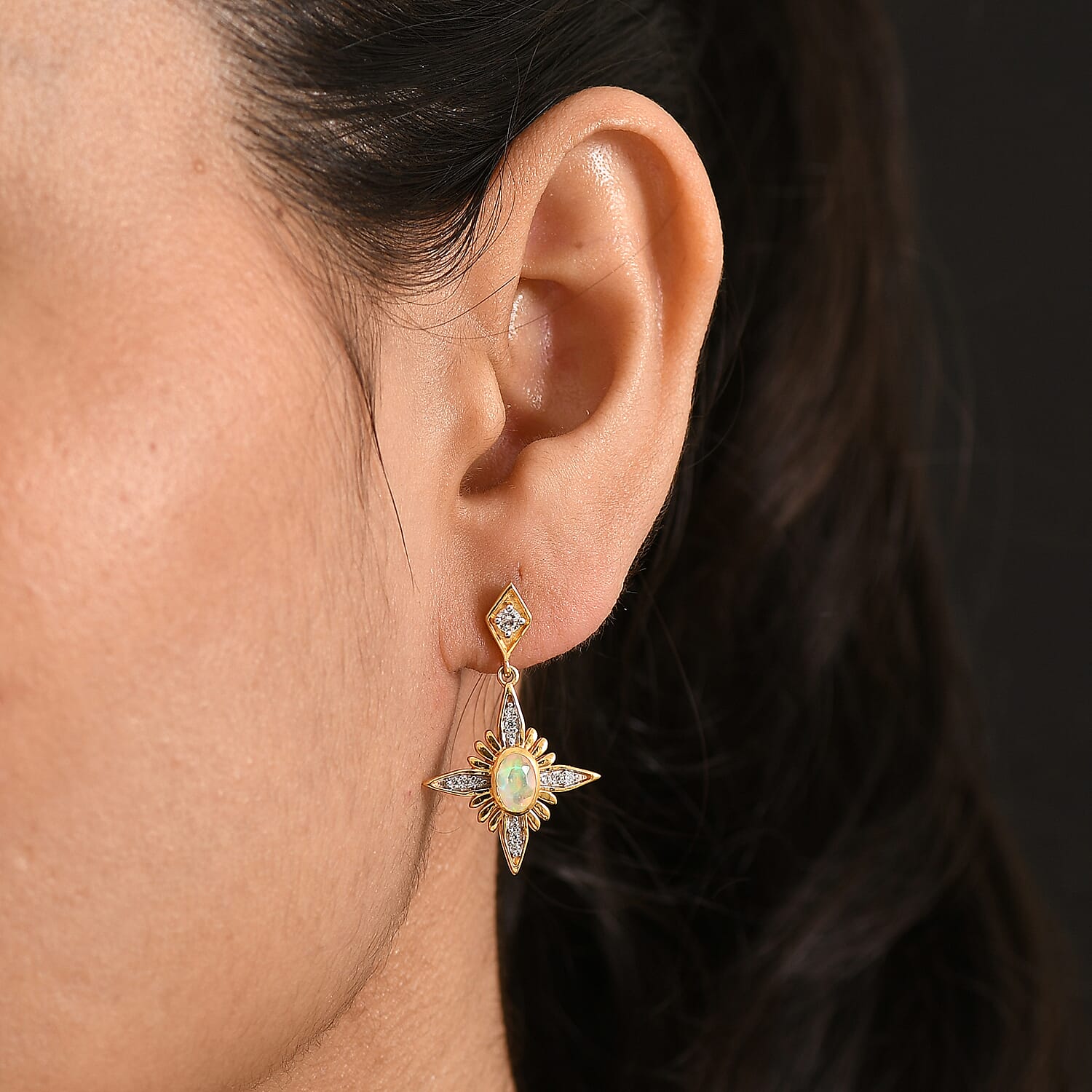 D'Joy Faceted Ethiopian Opal & White Zircon Dangling Push Back Earring in Yellow Gold Plated Sterling Silver 1.00 Ct.