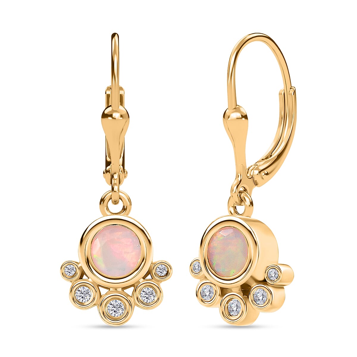 D'Joy Faceted Ethiopian Opal & White Zircon Dangling Earring with Lever Back in Yellow Gold Plated Sterling Silver.
