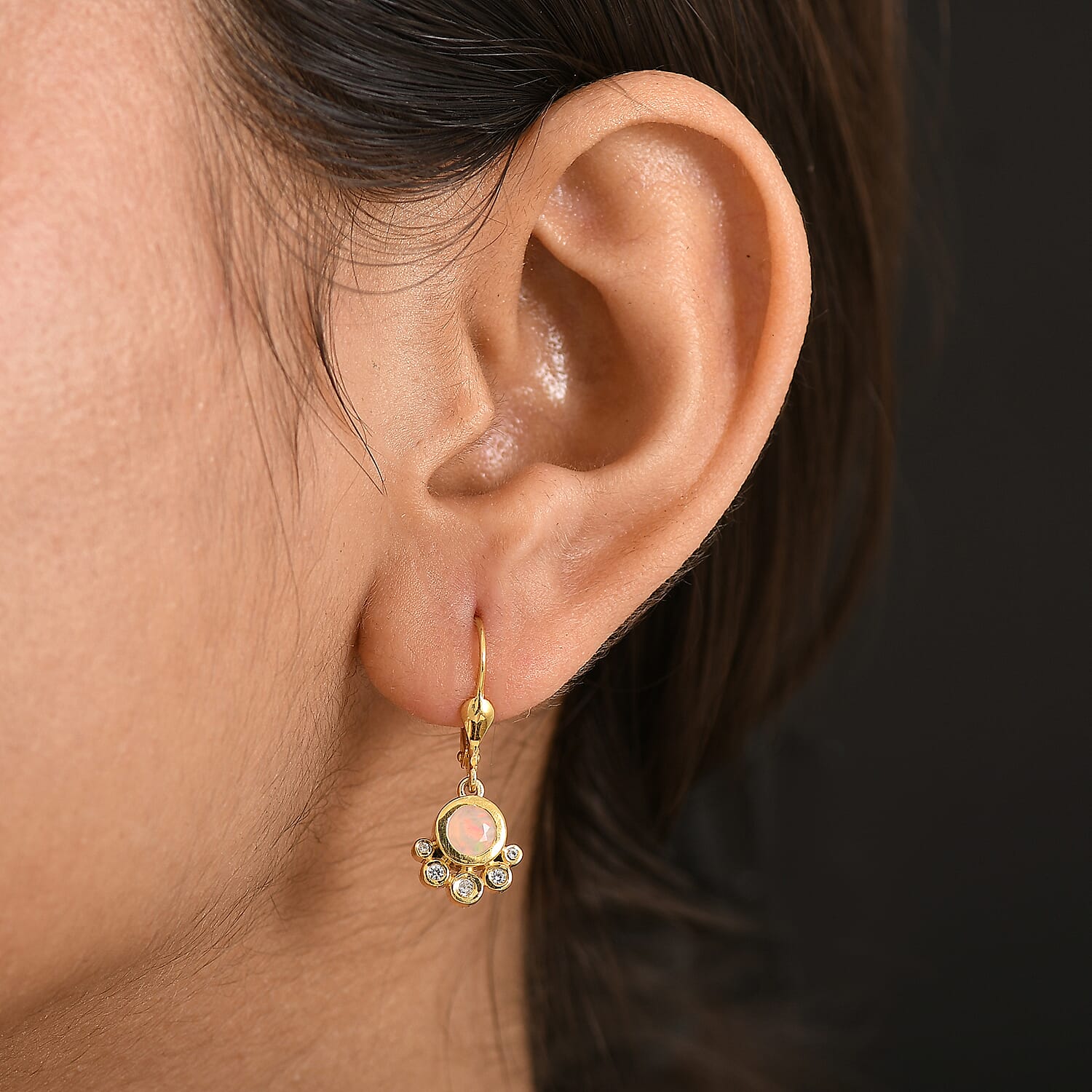 D'Joy Faceted Ethiopian Opal & White Zircon Dangling Earring with Lever Back in Yellow Gold Plated Sterling Silver.