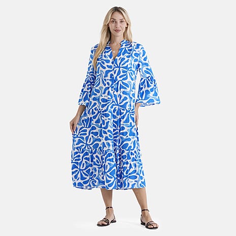 - Maisi Tiered Printed Maxi Dress with Balloon Sleeves (Size M) - Blue - White