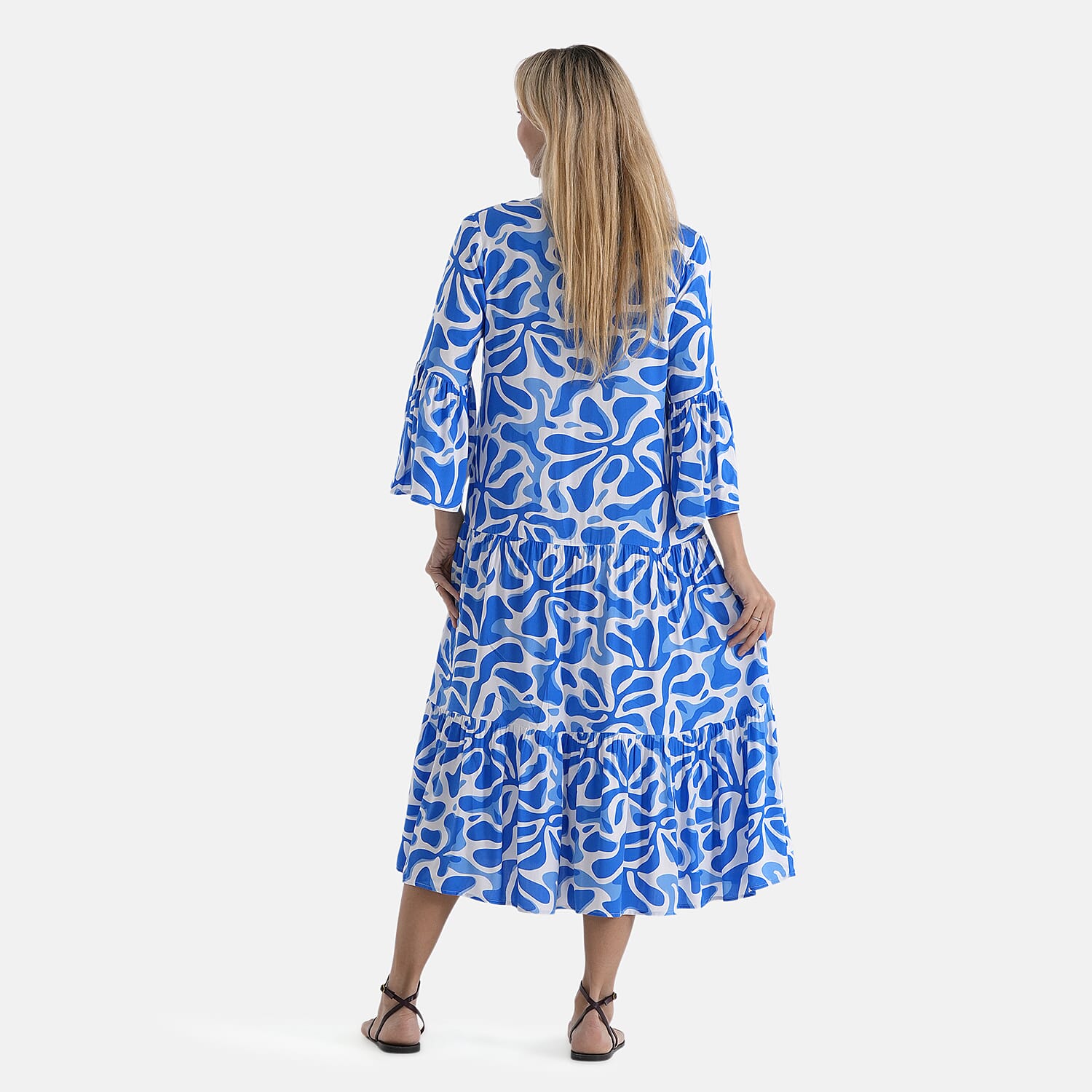 - Maisi Tiered Printed Maxi Dress with Balloon Sleeves (Size M) - Blue - White