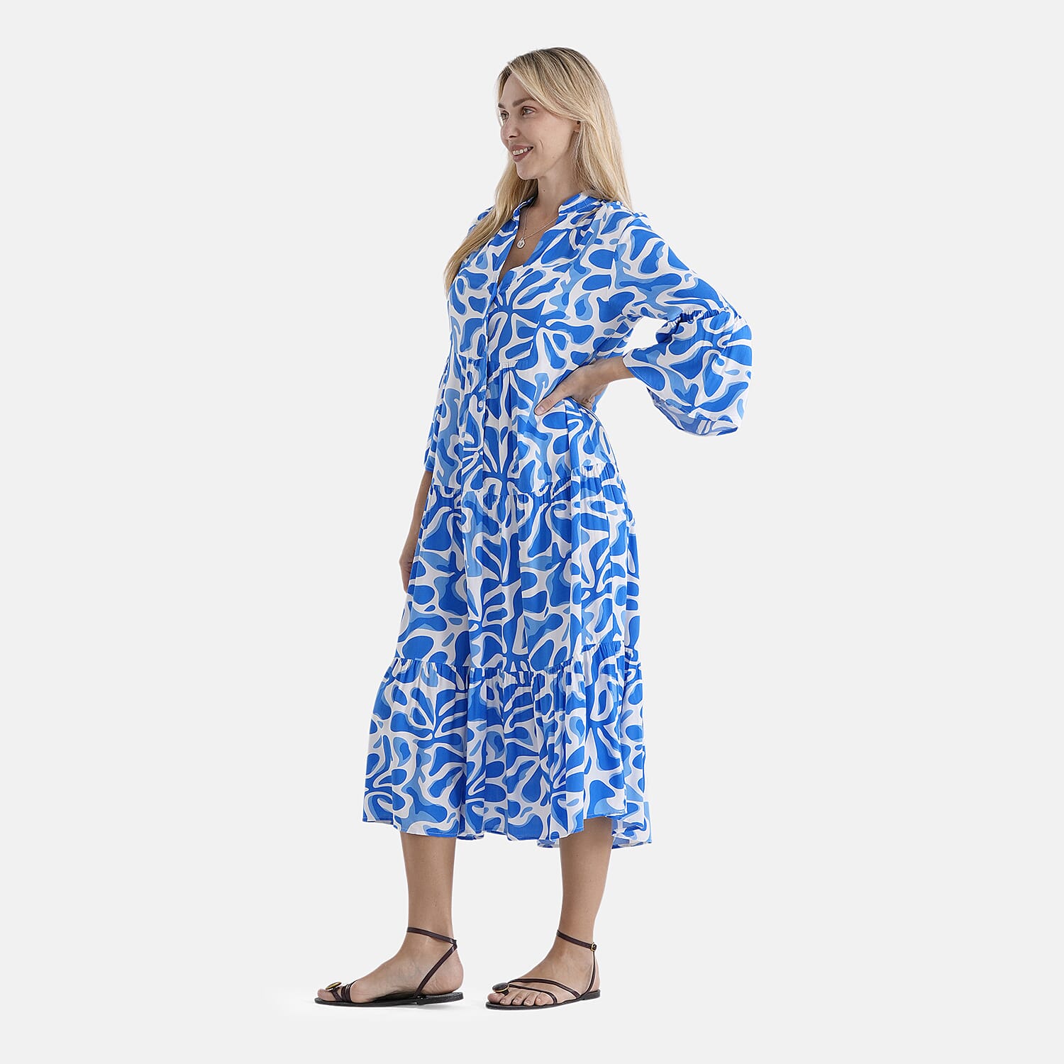- Maisi Tiered Printed Maxi Dress with Balloon Sleeves (Size XL) - Blue - White