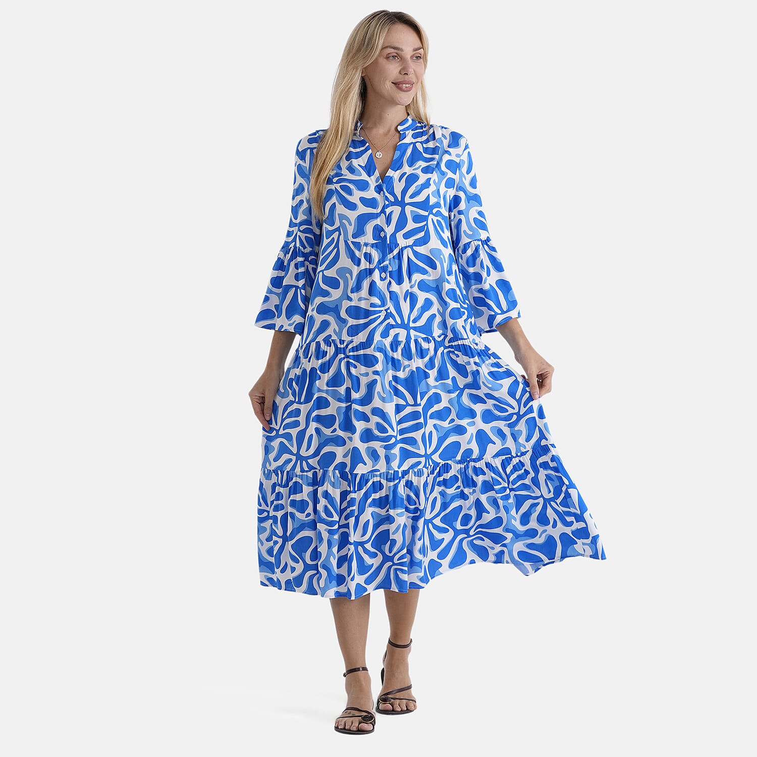 - Maisi Tiered Printed Maxi Dress with Balloon Sleeves (Size XL) - Blue - White