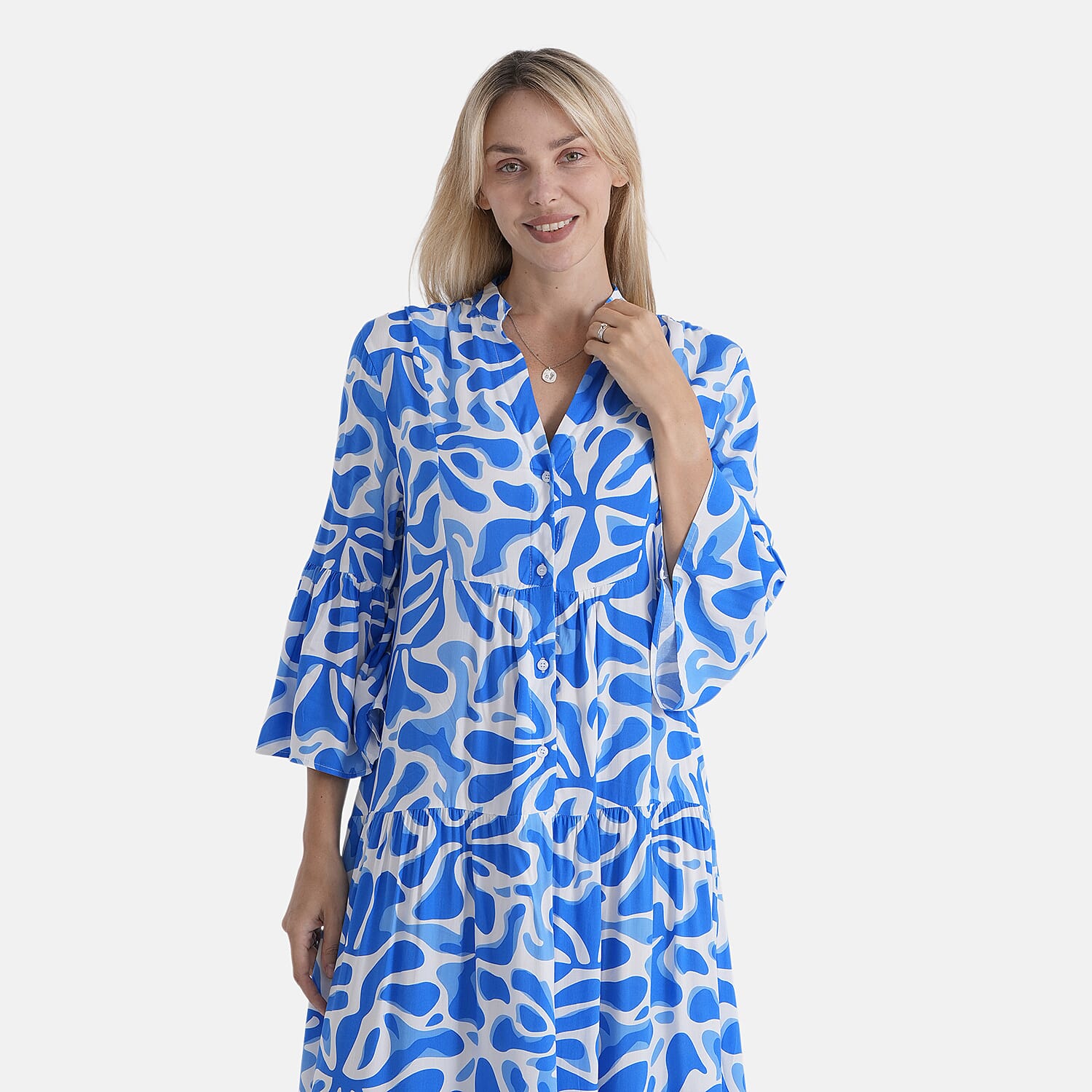 - Maisi Tiered Printed Maxi Dress with Balloon Sleeves (Size XL) - Blue - White