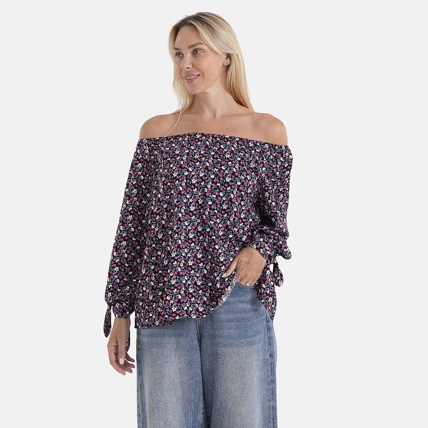Styled By Printed Boatneck Top with Balloon Sleeves (One Size) - Black & Pink