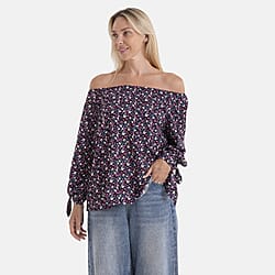 Styled By Printed Boatneck Top with Balloon Sleeves (One Size) - Black & Pink