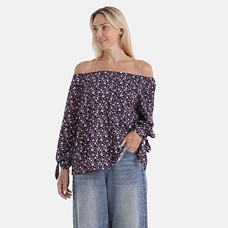 Styled By Printed Boatneck Top with Balloon Sleeves (One Size) - Black & Pink