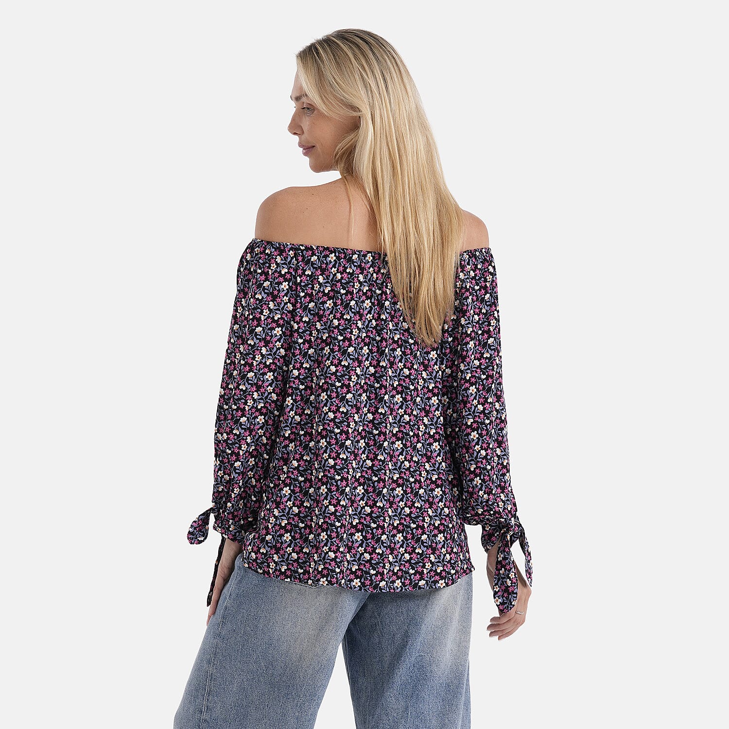 Styled By Printed Boatneck Top with Balloon Sleeves (One Size) - Black & Pink