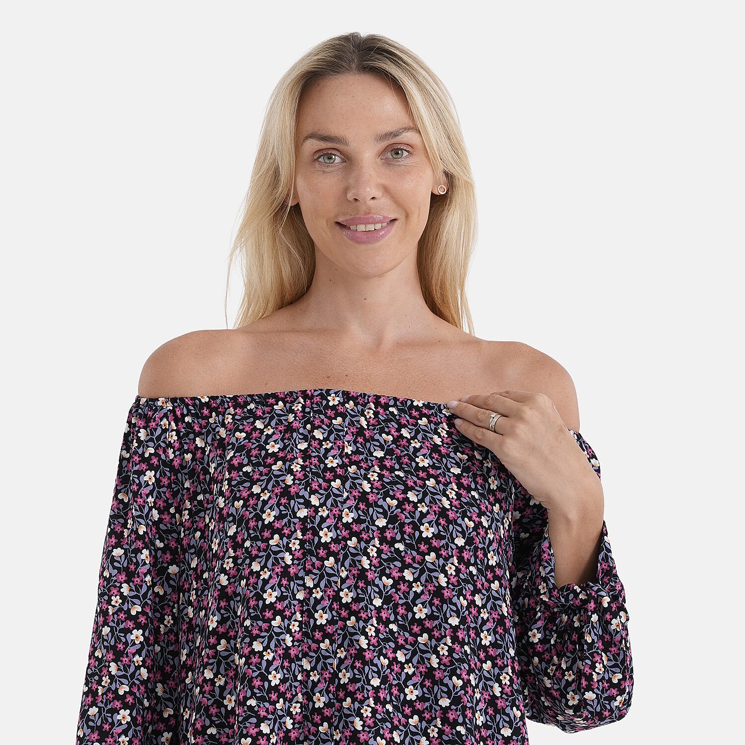 Styled By Printed Boatneck Top with Balloon Sleeves (One Size) - Black & Pink
