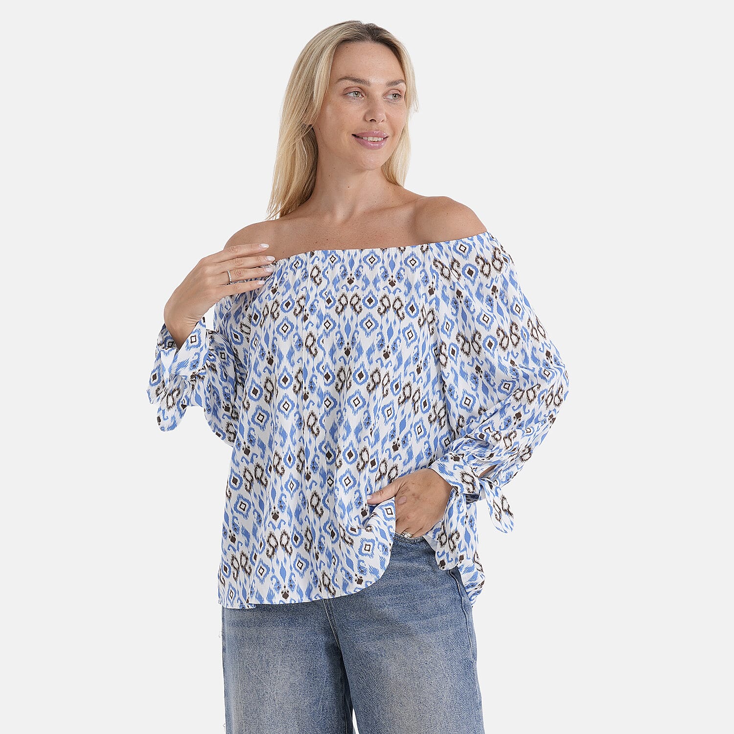 Styled By Printed Boatneck Top with Balloon Sleeves (One Size) - Blue - Pink