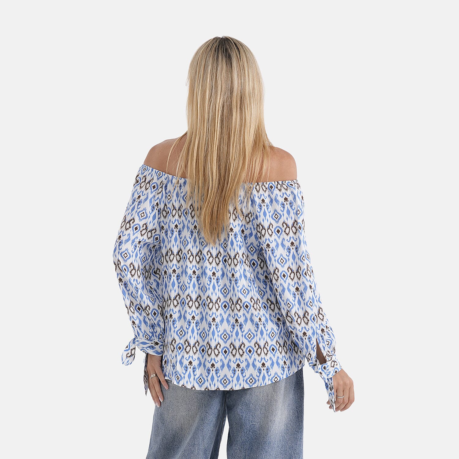 Styled By Printed Boatneck Top with Balloon Sleeves (One Size) - Blue - Pink