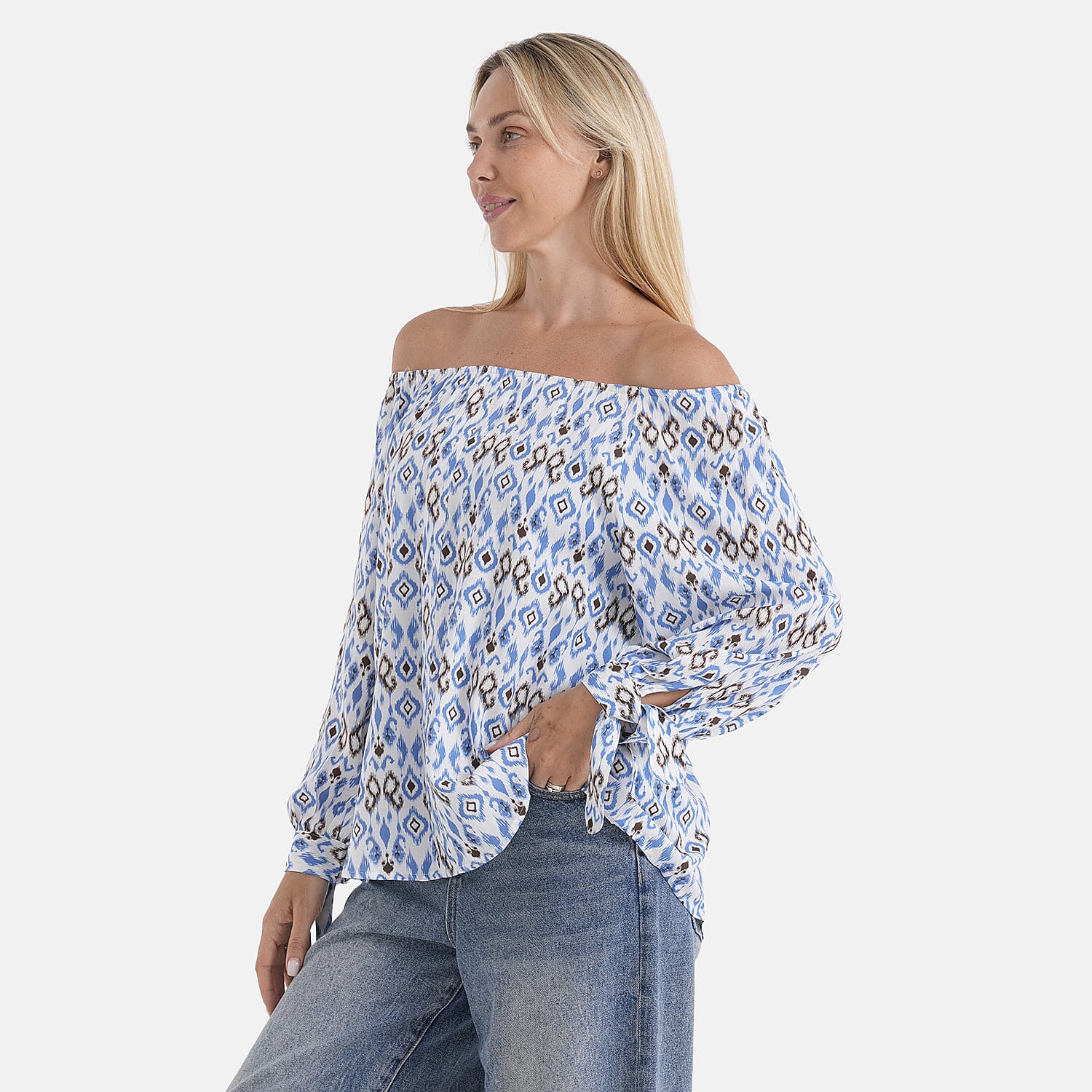 Styled By Printed Boatneck Top with Balloon Sleeves (One Size) - Blue - Pink