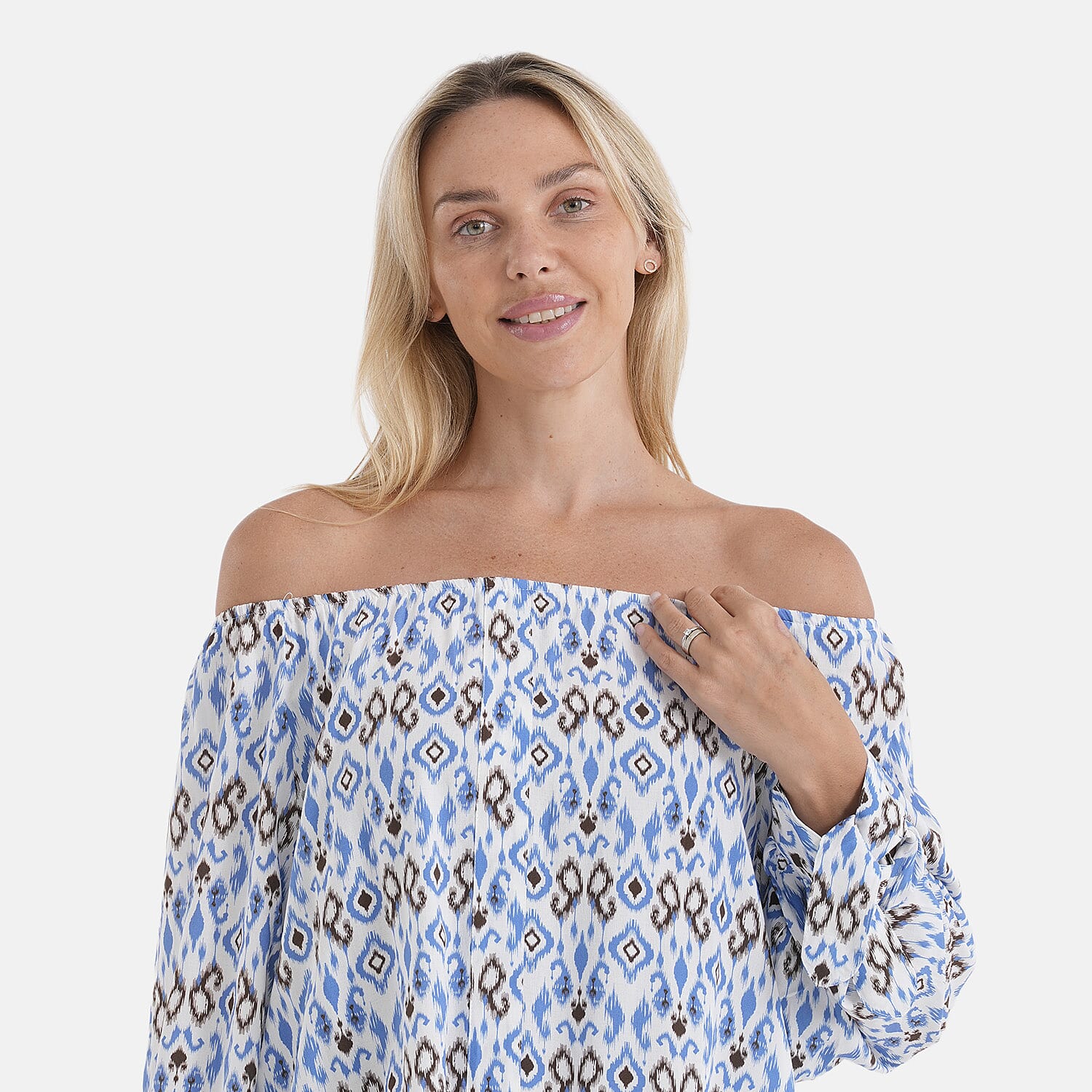 Styled By Printed Boatneck Top with Balloon Sleeves (One Size) - Blue - Pink