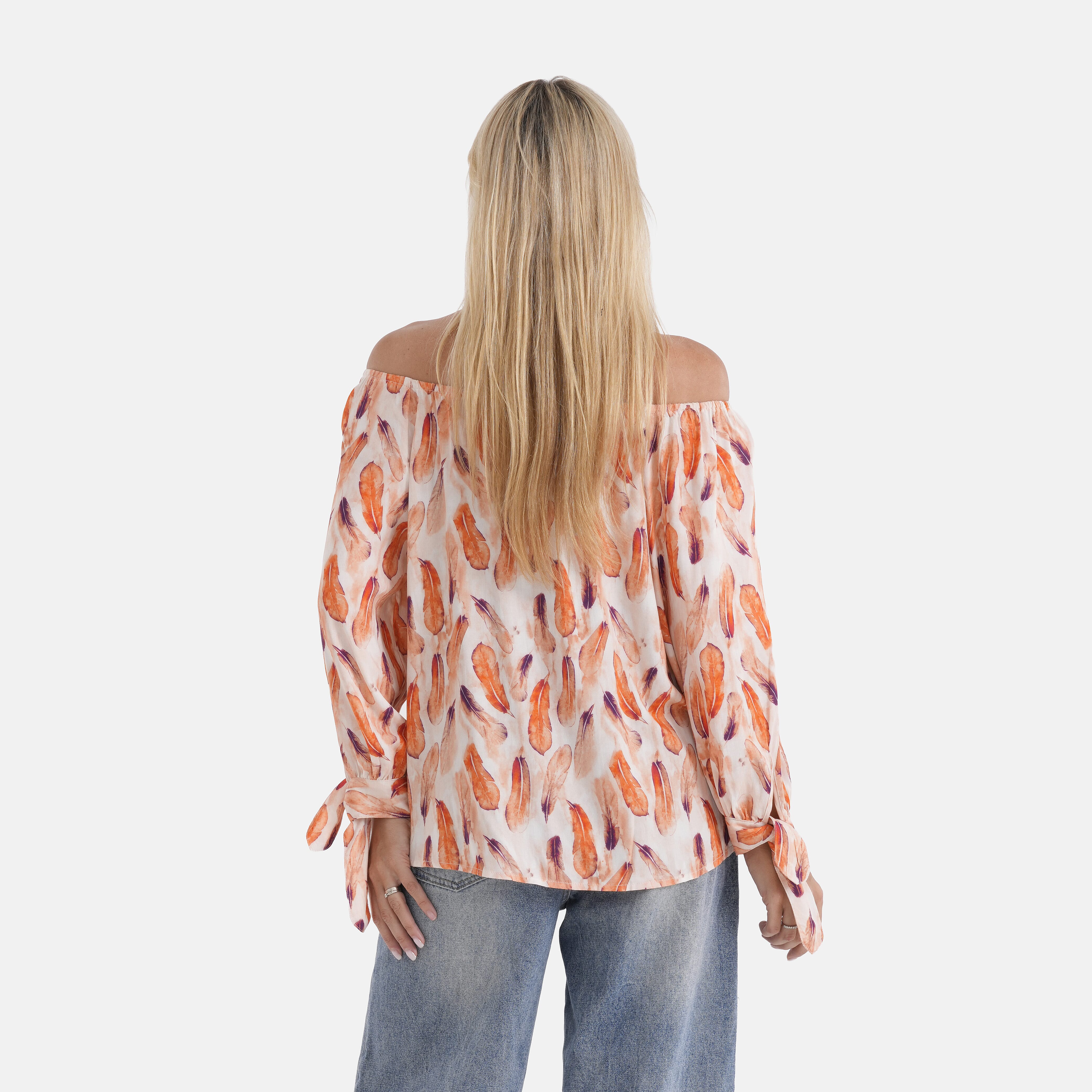 Styled By Printed Boatneck Top with Balloon Sleeves (One Size) - Orange