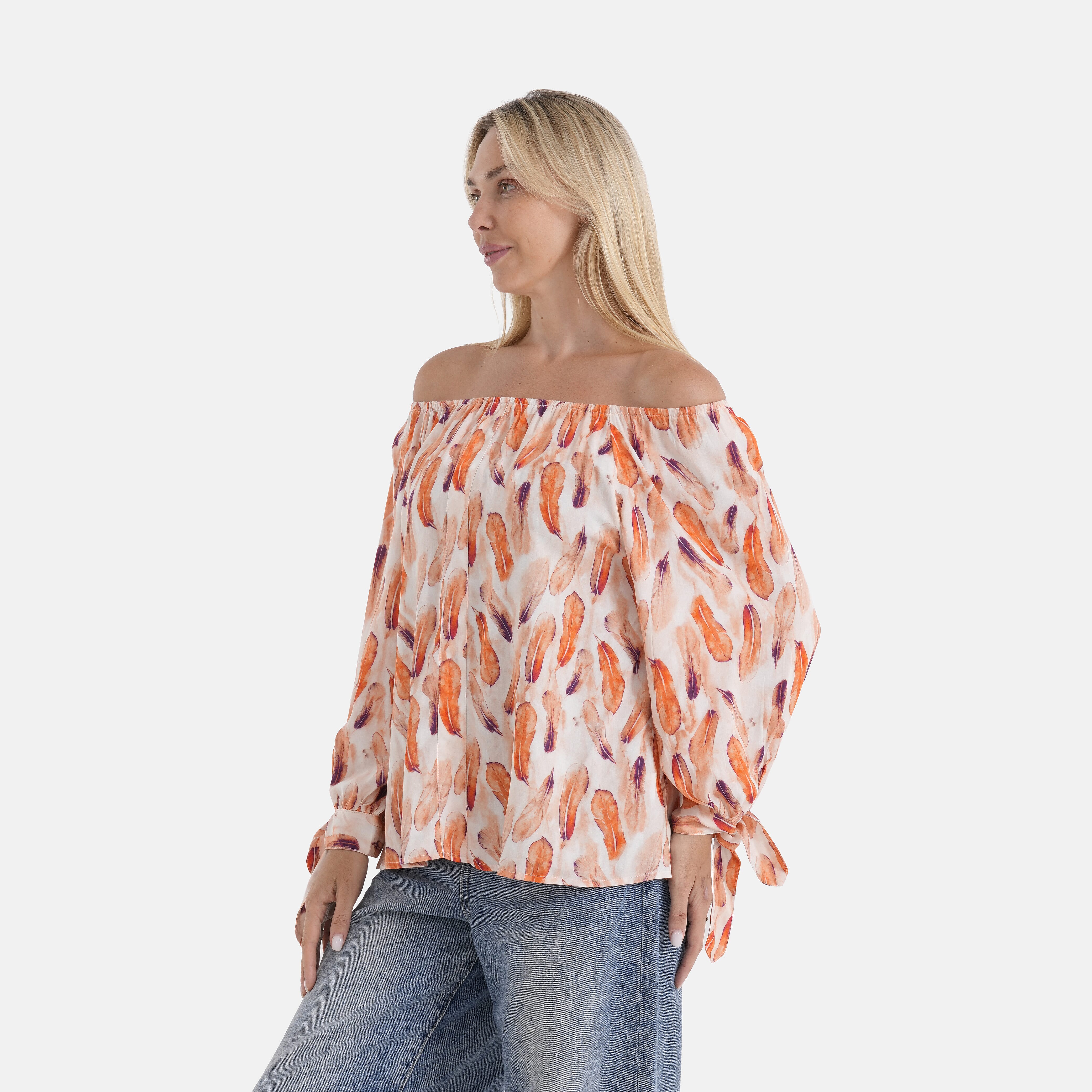 Styled By Printed Boatneck Top with Balloon Sleeves (One Size) - Orange