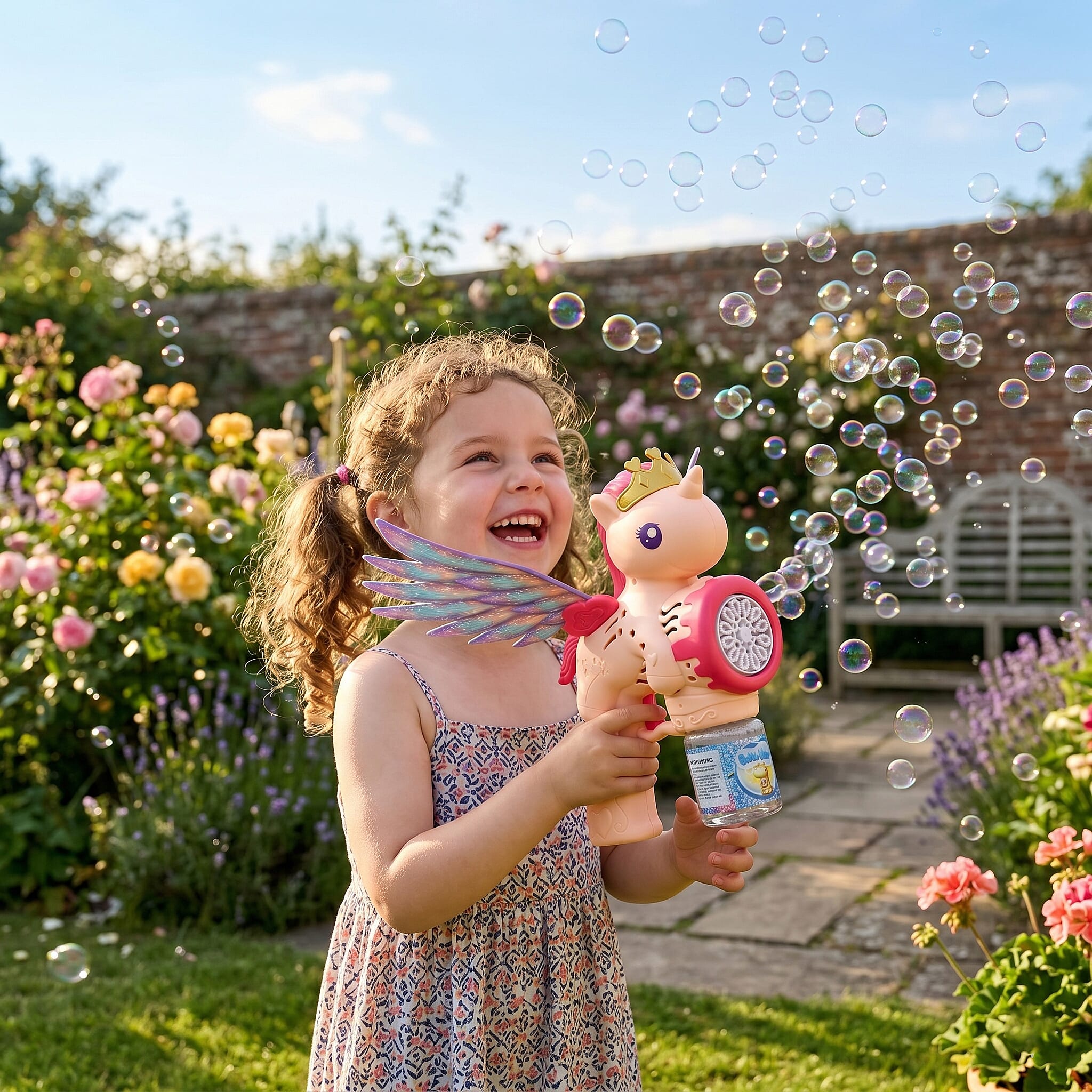 Big Flying Horse Bubble Blaster Powered By 4xAA Battery (Not Incl.)  and 90mL Bubble Fluid - Pink & Peach