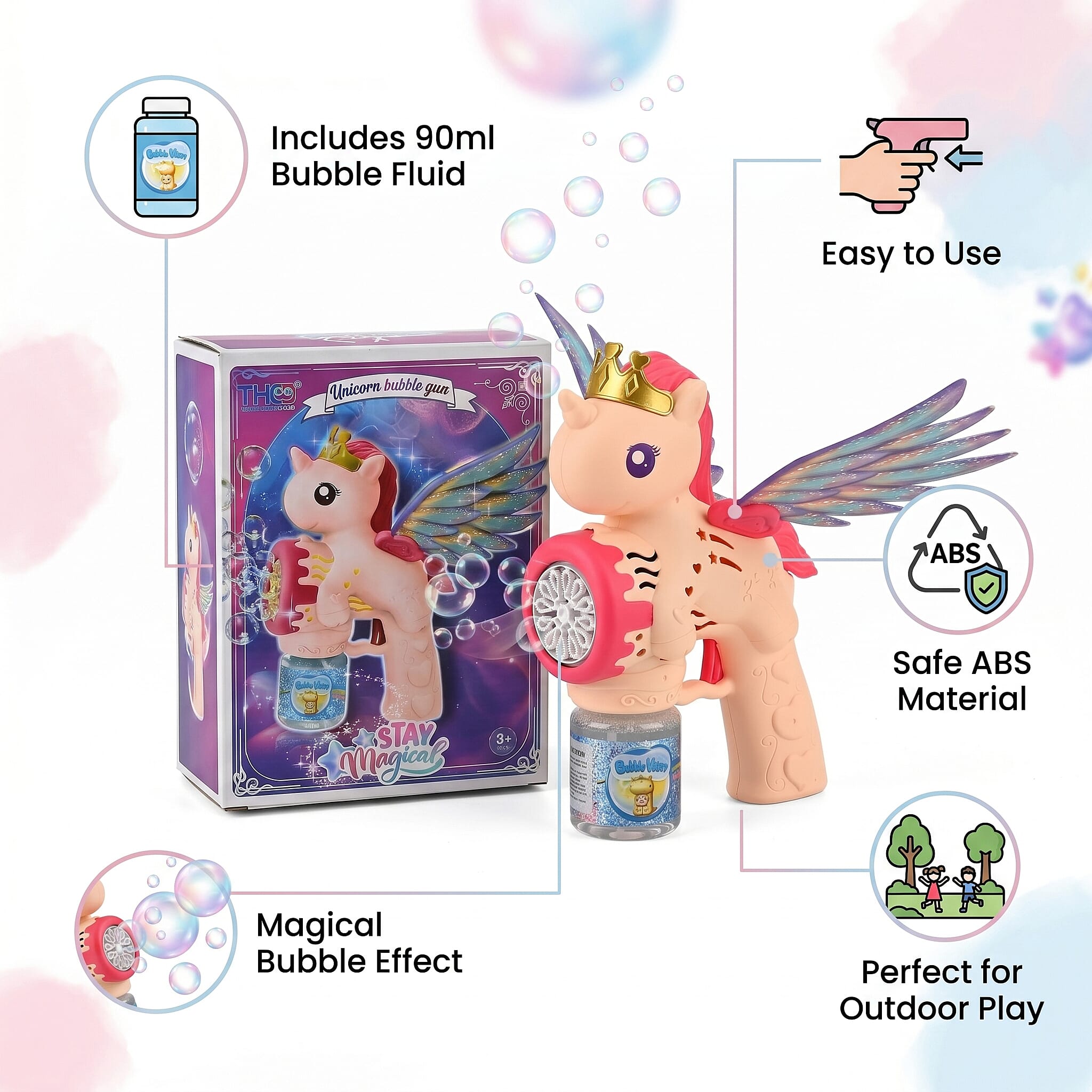 Big Flying Horse Bubble Blaster Powered By 4xAA Battery (Not Incl.)  and 90mL Bubble Fluid - Pink & Peach