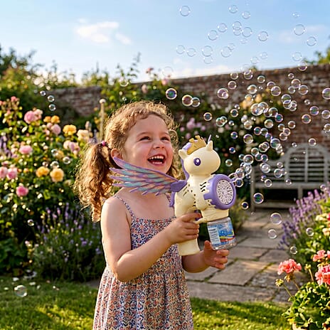 Unicorn Bubble Blaster Powered By 4xAA Battery (Not Incl.)  and 90mL Bubble Fluid - Cream & Light Purple
