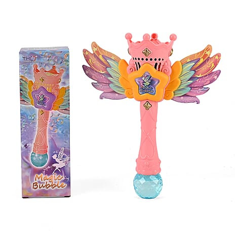 Magic Bubble Wand Toy Kit - Rechargeable Fairy Princess Bubble Machine Includes Li-ion Battery, USB Cable & 80ml Solution - Pink
