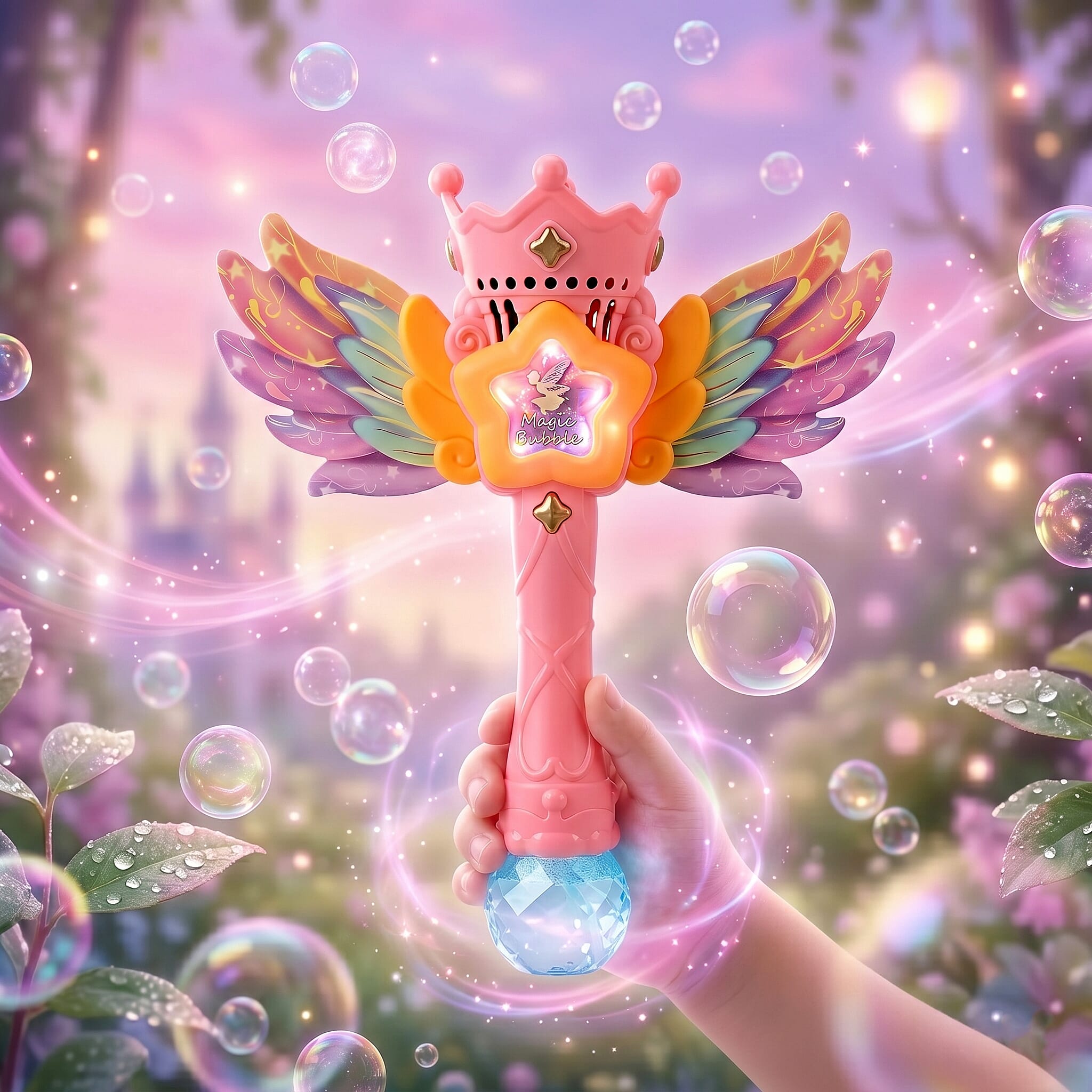 Magic Bubble Wand Toy Kit - Rechargeable Fairy Princess Bubble Machine Includes Li-ion Battery, USB Cable & 80ml Solution - Pink