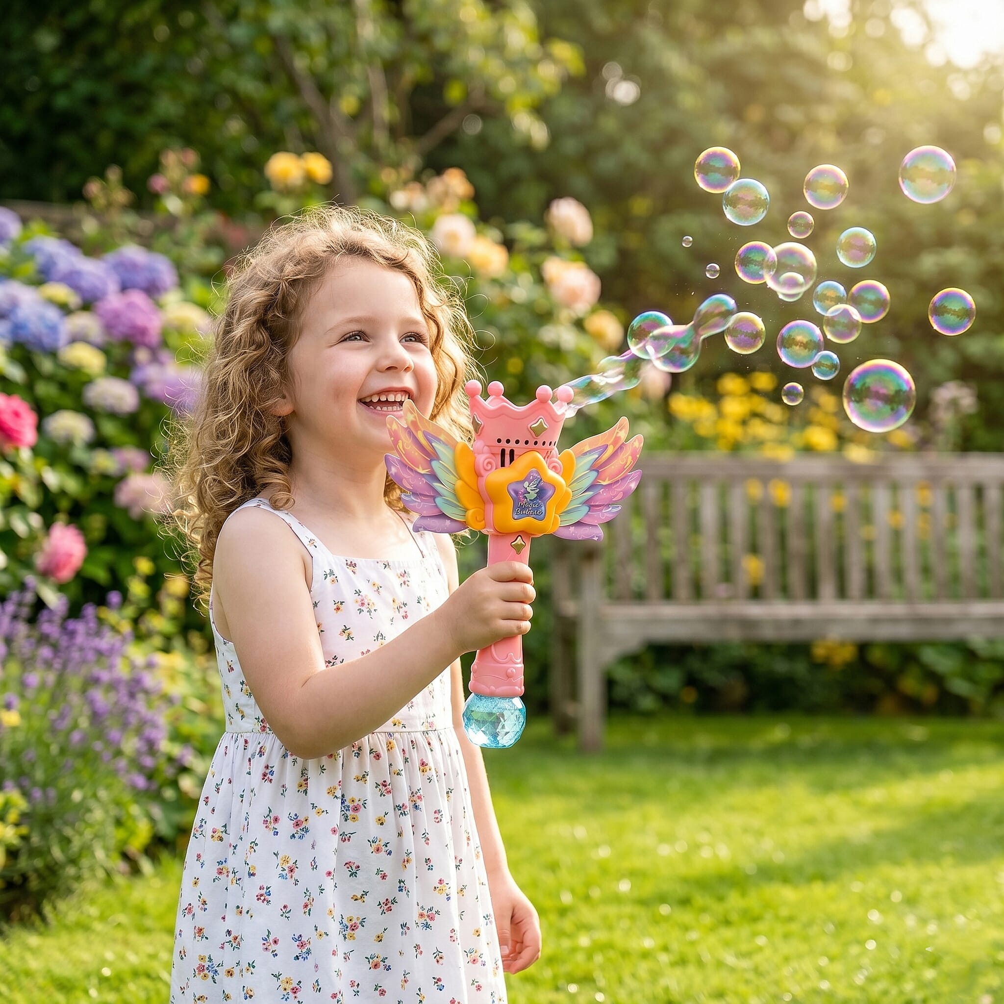 Magic Bubble Wand Toy Kit - Rechargeable Fairy Princess Bubble Machine Includes Li-ion Battery, USB Cable & 80ml Solution - Pink