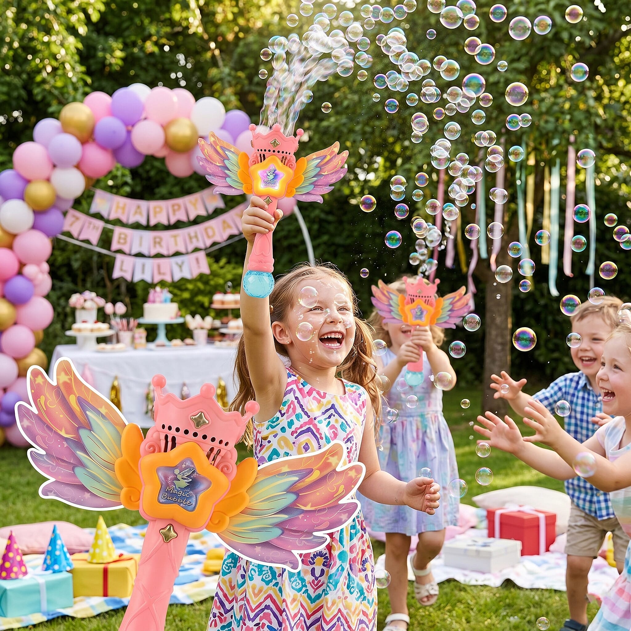 Magic Bubble Wand Toy Kit - Rechargeable Fairy Princess Bubble Machine Includes Li-ion Battery, USB Cable & 80ml Solution - Pink