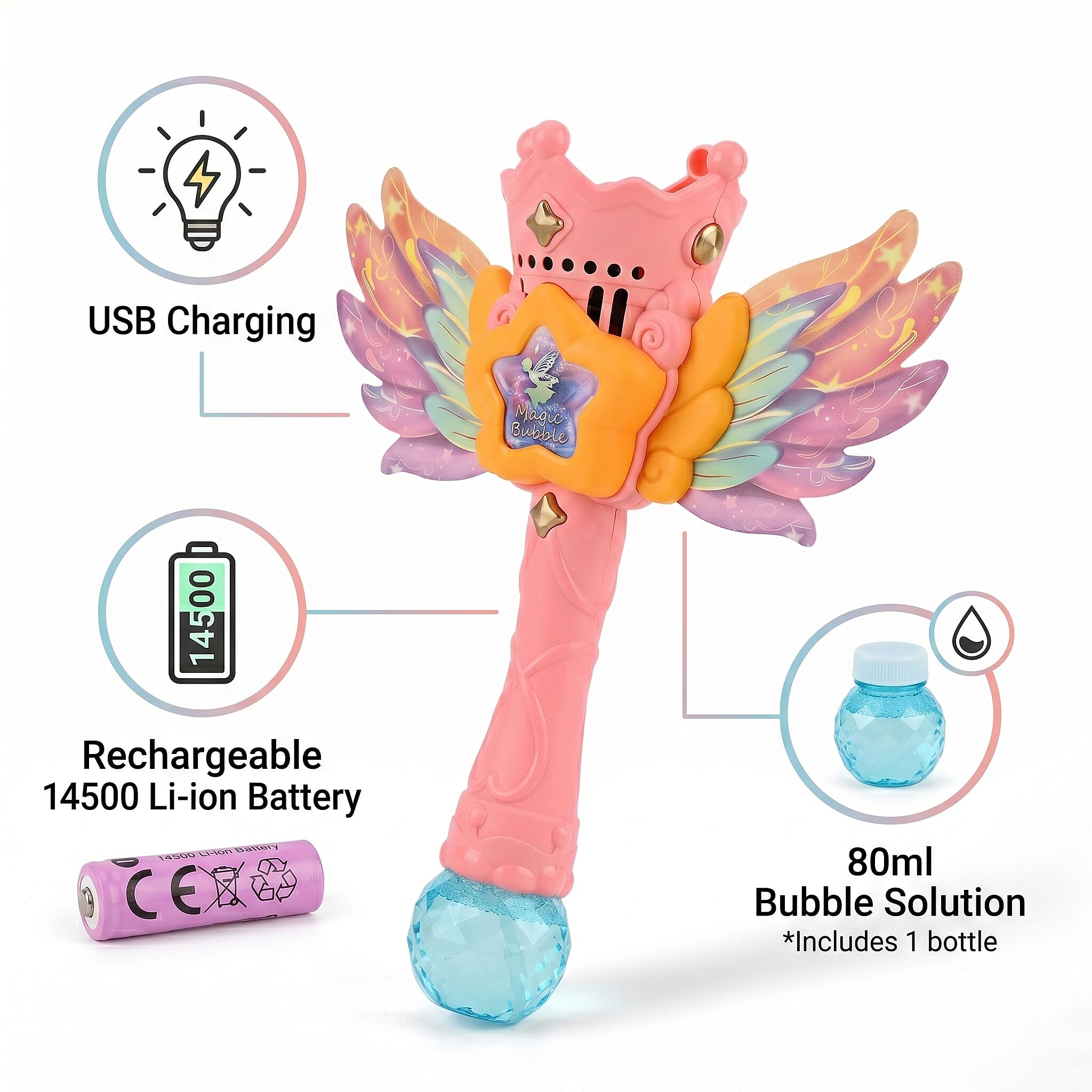 Magic Bubble Wand Toy Kit - Rechargeable Fairy Princess Bubble Machine Includes Li-ion Battery, USB Cable & 80ml Solution - Pink