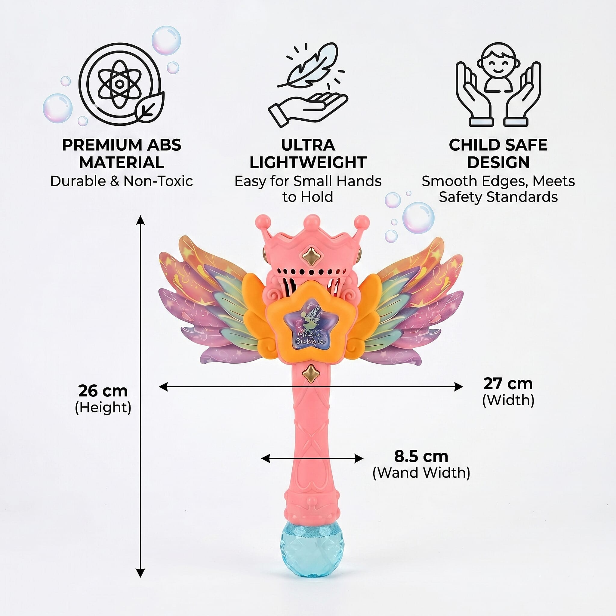 Magic Bubble Wand Toy Kit - Rechargeable Fairy Princess Bubble Machine Includes Li-ion Battery, USB Cable & 80ml Solution - Pink